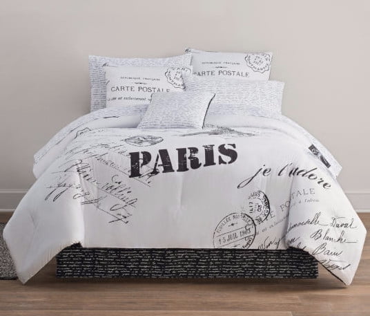Black White Paris French Eiffel Postcard 5 pc Comforter Set Full Queen King Bed 