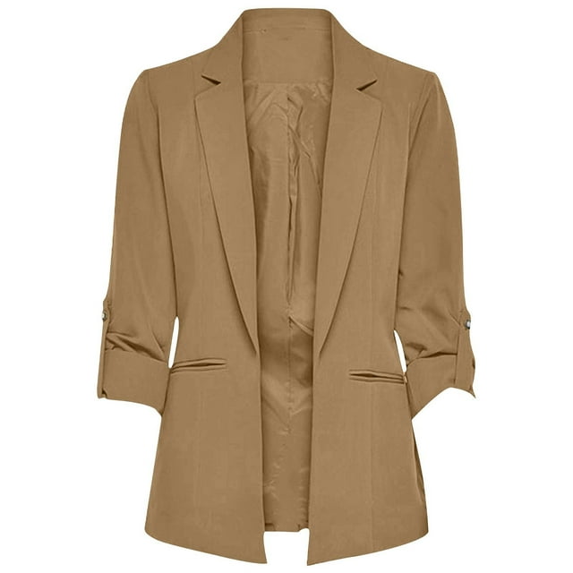 Swstbby Liquidation d'Économies d'Automne! Vestes d'Automne pour Femmes, Mode Femme Uni Poche Manches Longues Col Rabattu Veste Décontractée Manteau Blouse Sans Capuche Manteau Kaki G