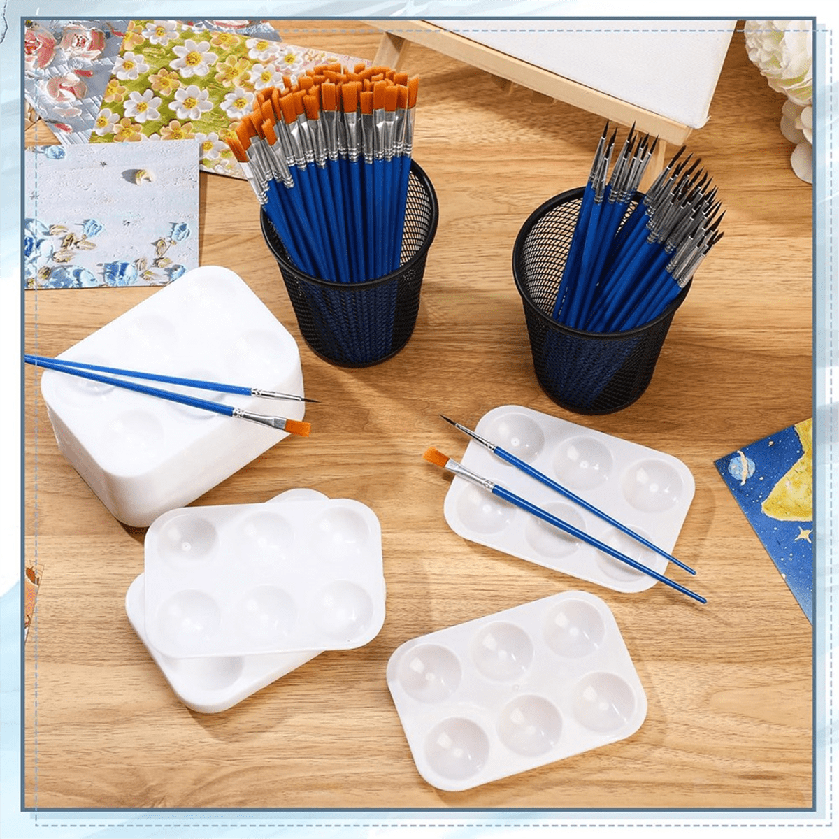 Paint Brush Palette Set 100pcs Nylon Brushes 50pcs Tray Plastic for Art Painting