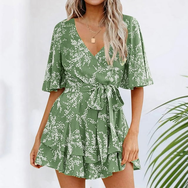 WILLBEST Dresses et Combinaison Robe Plissée à Volants à Manches en V à Fleurs pour Femmes