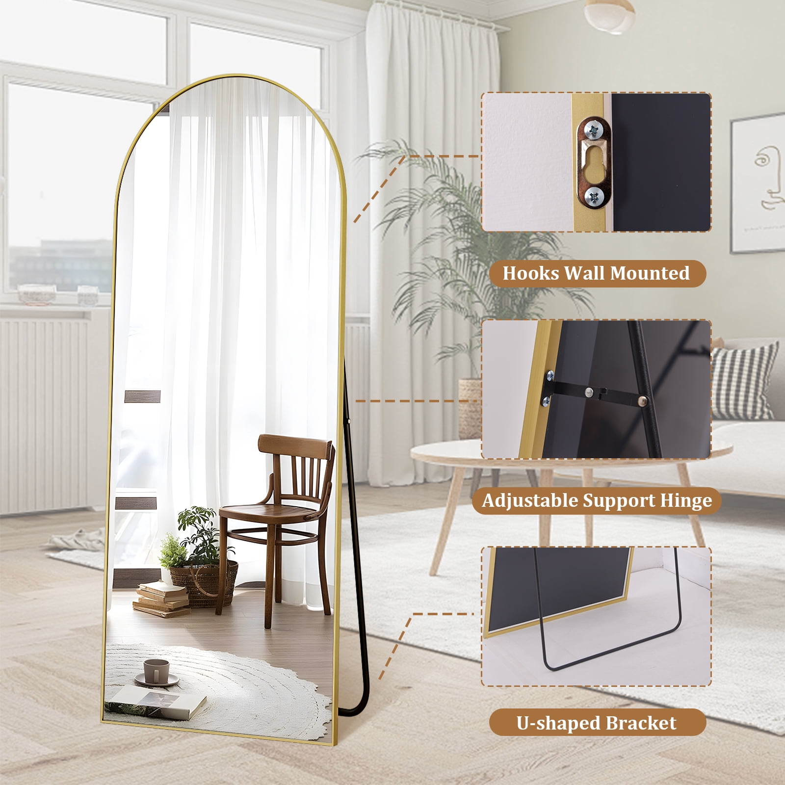 AUROMIR 59"x16" Arched Full Length Mirror Floor Mirror Full Body Standing Mirror, Gold