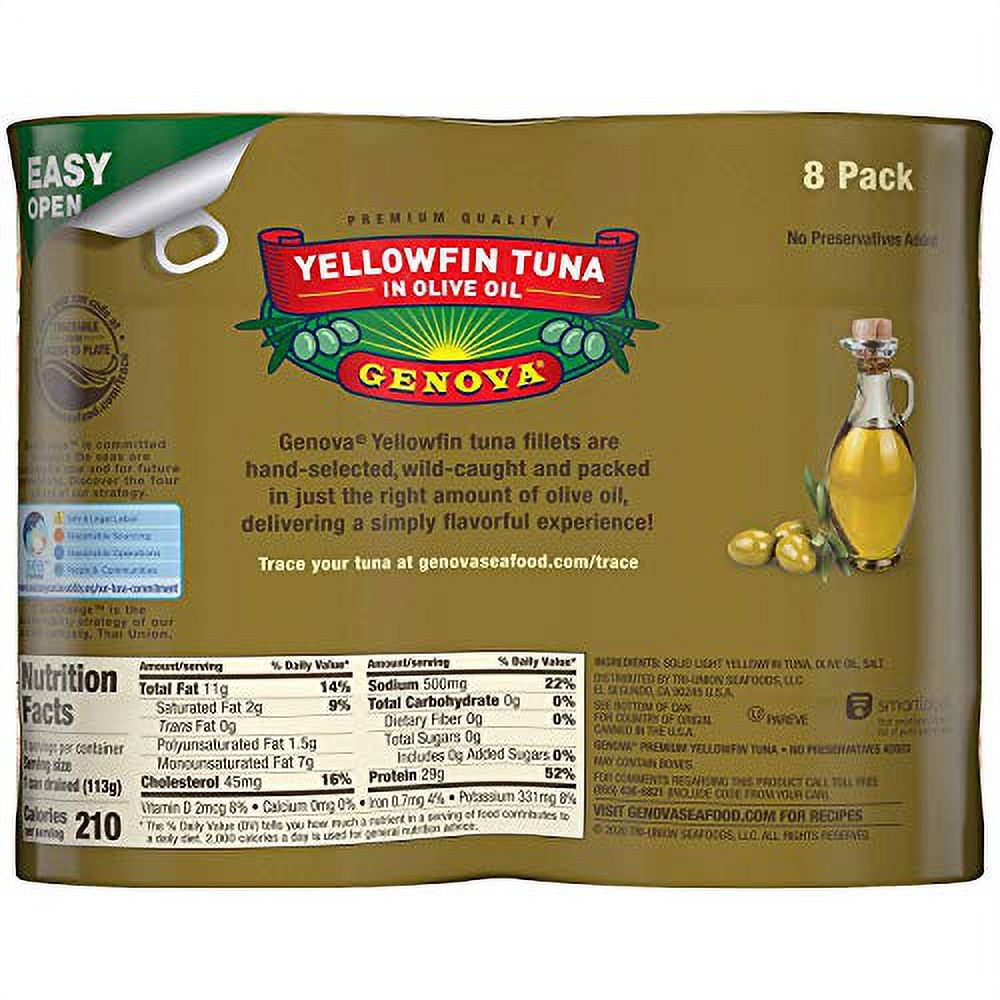 Genova Premium Yellowfin Tuna in Olive Oil, Wild Caught, Solid Light, 5 oz. Can (Pack of 8)