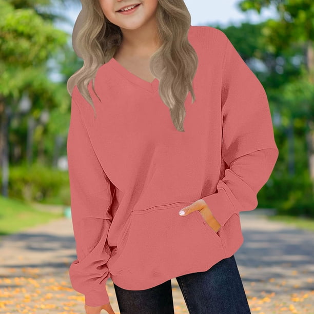 Blusas y camisas de manga larga con cuello redondo para niños y niñas, sudaderas casuales de manga larga, lindas sudaderas de gran tamaño con bolsillo de polar, chaquetas para niñas