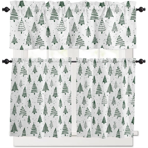 Christmas Kitchen Curtain Set Christmas Trees Snow Rod Pocket Kitchen Tier Curtains Valance Set 3 Piece Green White Christmas Window Curtain Valance Tier Set 54 in x 24 in