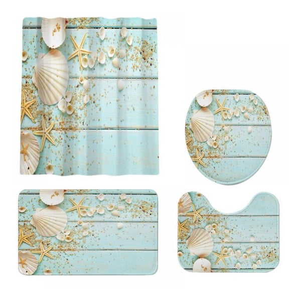 HCTSHG 4 Pcs Shower Curtain Set Beach Floor Summer with Non Slip Rugs Toilet Lid Cover and Mat Bathroom Decor Set Starfish Bathroom Decor Accessories Seashell Bathroom Rug Set Nautical Toilet Lid