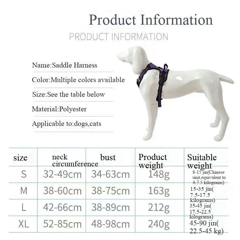 No-pull shockproof dog vest with reflective strip, made of comfortable nylon material, suitable for agility training and nighttime walks. Comes with harness and leash set