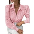 thumbnail image 2 of Womens Long Puff Sleeve Blouse V Neck Buttons Hollow Out Lace Embroidered Blouses Shirts Pink S, 2 of 9
