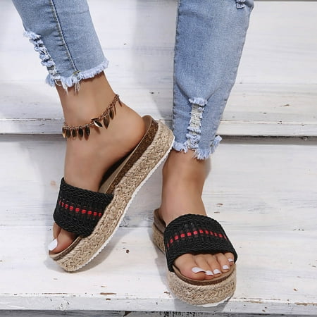 

Cathalem Summer Fashion Flat Comfortable Beach Slip-On Sandals Women Shoes Peep Weave Toe Breathable Slippers Women Size 8 1/2 Black 6.5
