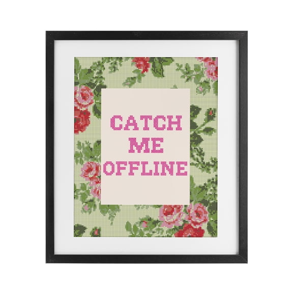 Stupell Industries Cottage Catch Me Offline Faux Cross Stitch Black Framed Print Under Glass, 13 x 16, by Lil' Rue