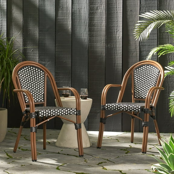 Cecil Aluminum and Wicker Outdoor French Bistro Chairs, Set of 2, Black, White, and Brown Wood