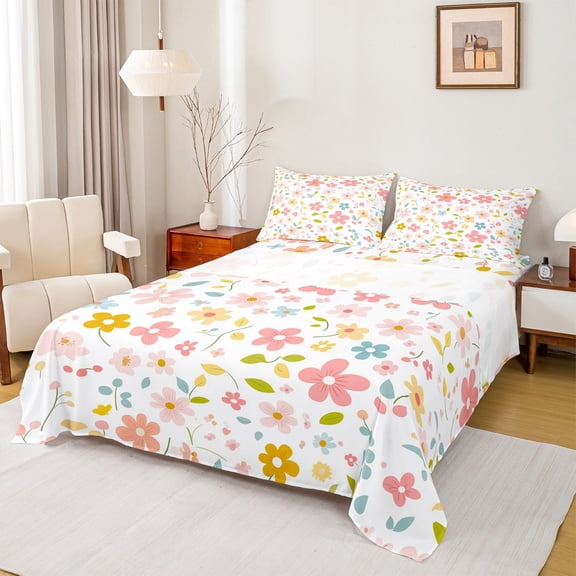 Castle Fairy Groovy Flowers Twin Sheet Sets 3pcs for Kids Teens,Chic Floral Blossoms Twin Fitted Sheet Microfiber,Spring Garden Breathable Flat Sheet,Lightweight Room Decor