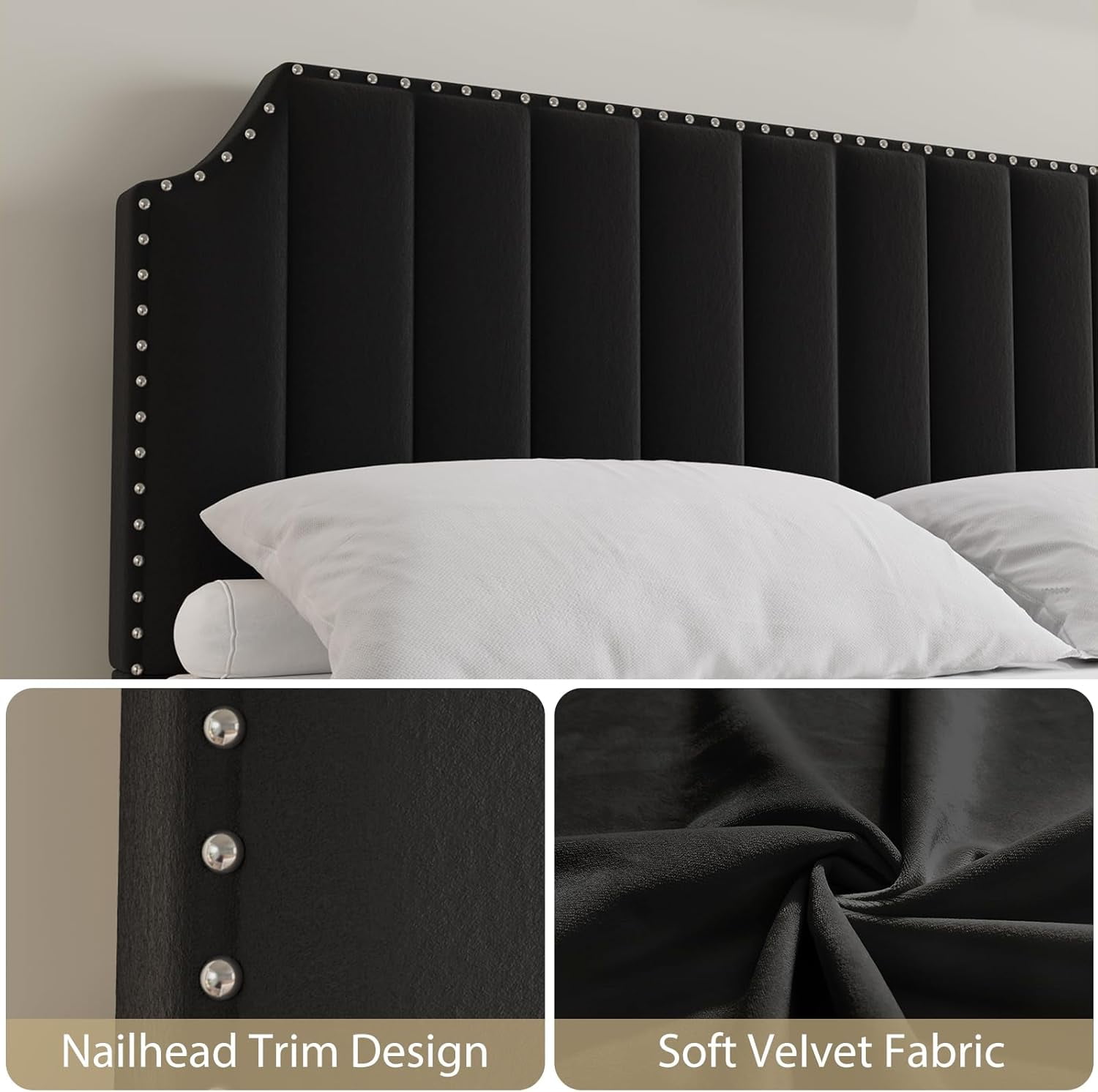 GarveeHome Queen Velvet Bed Frame, Upholstered Platform with 50.2" Tall Headboard & Footboard, Nailhead Trim, Solid Wooden Slats, No Box Spring Needed, Black