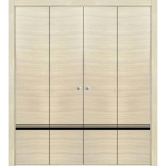 Sliding Closet Double Bi-fold Doors | Planum 0012 Natural Veneer with Frosted Glass | Sturdy Tracks Moldings Trims Hardware Set | Wood Solid Bedroom Wardrobe Doors