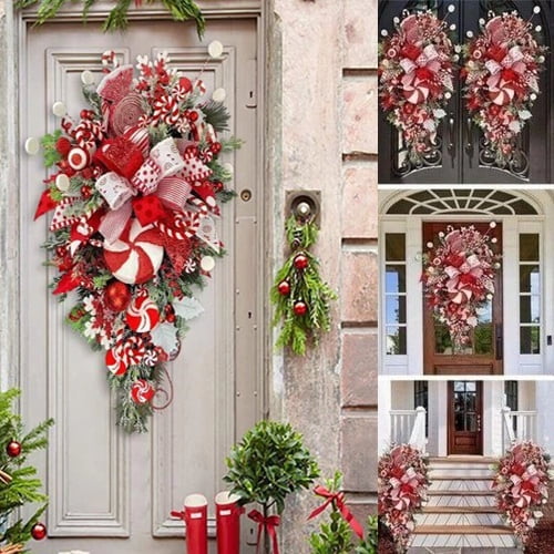 Upside Down Christmas Wreath, Candy Cane Style Front Door Wall Hanging Holiday Decoration
