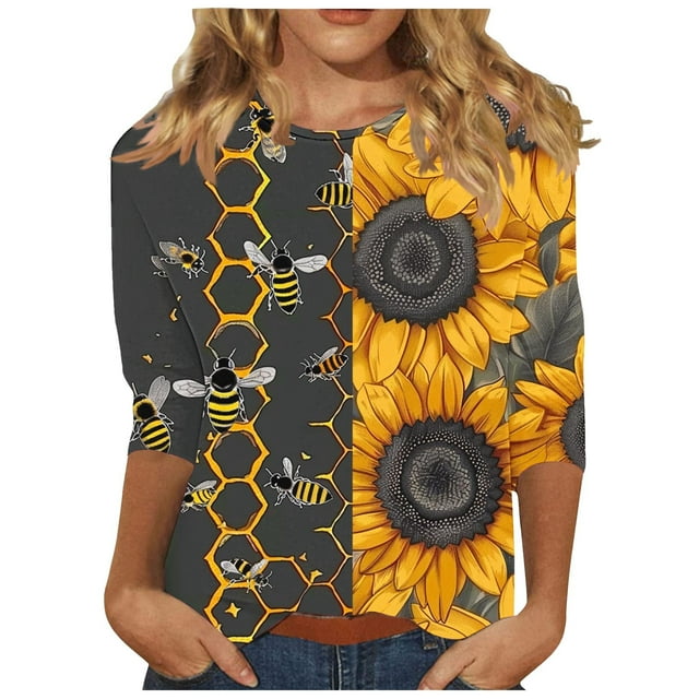 hopeusnice Bee Pattern Crew Neck Blouses for Women Dressy Casual Fall Trendy Shirts 3/4 Sleeve Loose Fit Spring Tunic Tops Lightweight Basic Tees Multicolor XL