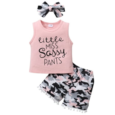 

4T Baby Girls Clothes 5T Girls 3PCS Summer Outfit Letter Print Toddler Girls Sleeveless Top Shorts Headband Set Pink