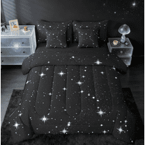 jejeloiu Galaxy Starry Sky Twin Bedding Sets 7-Piece,Shining Stars Bedding Comforter Set,White Black Sheet Sets For Children,Microfiber Bedroom Decor Reversible