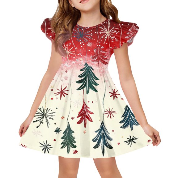 Grblisyd Christmas Dresses for Kids Girls Casual School Outfits Fashion Graphic Flutter Sleeve A-Line Dress