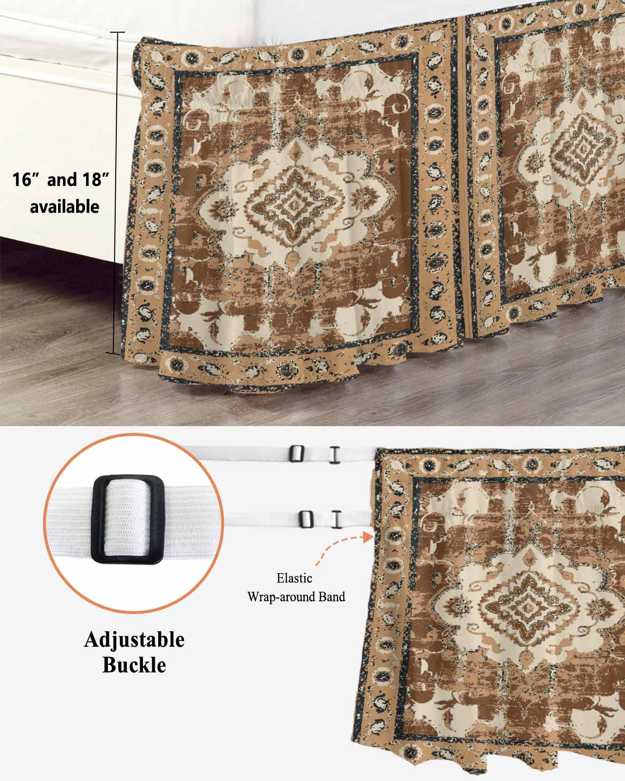 Brown Boho Wrap Around Bed Skirts for Queen Bed 16" Drop,Bed Skirt with Adjustable Elastic Belt Dust Ruffle Bed Valance for Bedroom Hotel Retro Western Rustic Ethnic Tribal Patterns Bed Frame Cover
