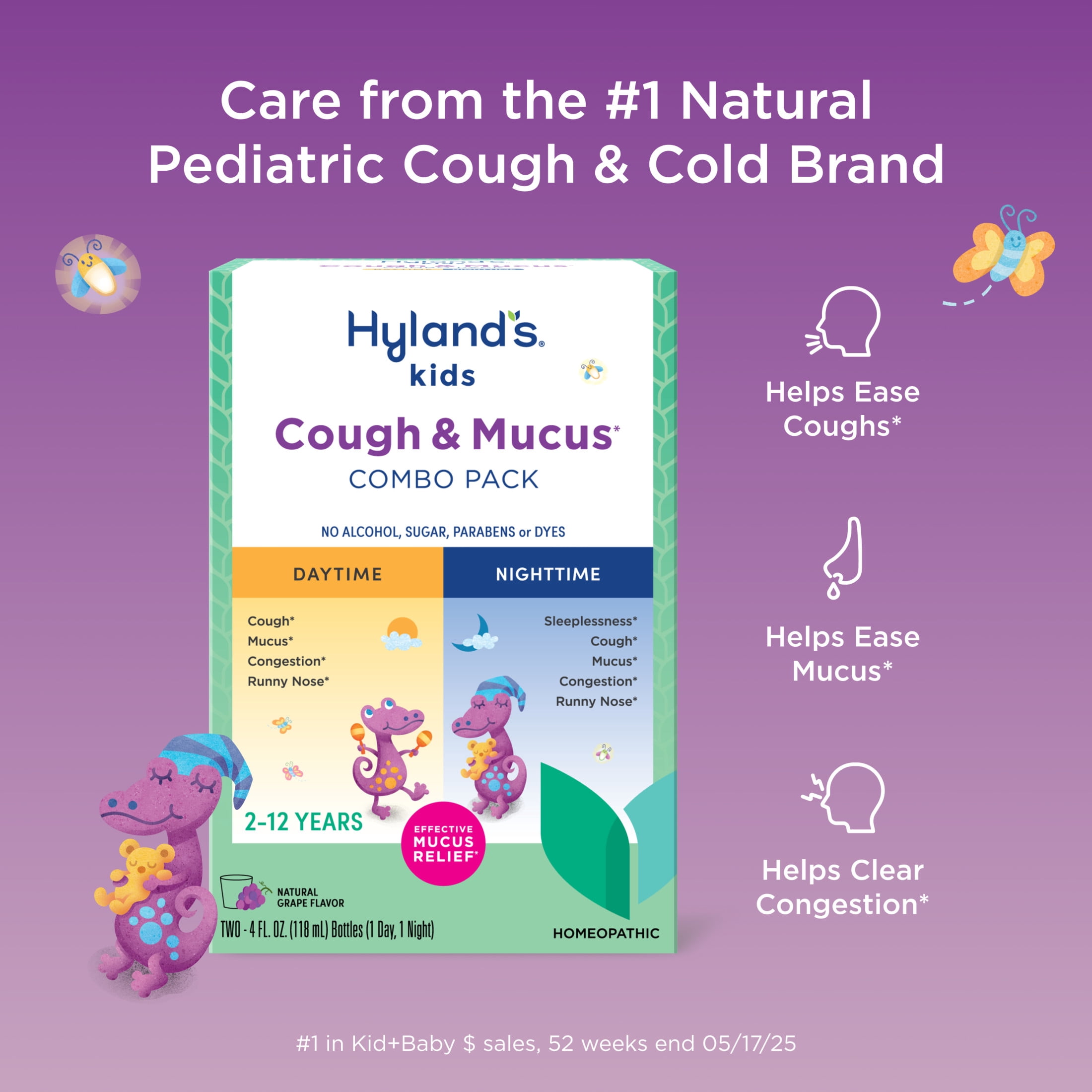 (3 pack) Hyland's Kids Cough & Mucus Grape Liquid, Day & Night Combo Pack, 8 fl oz