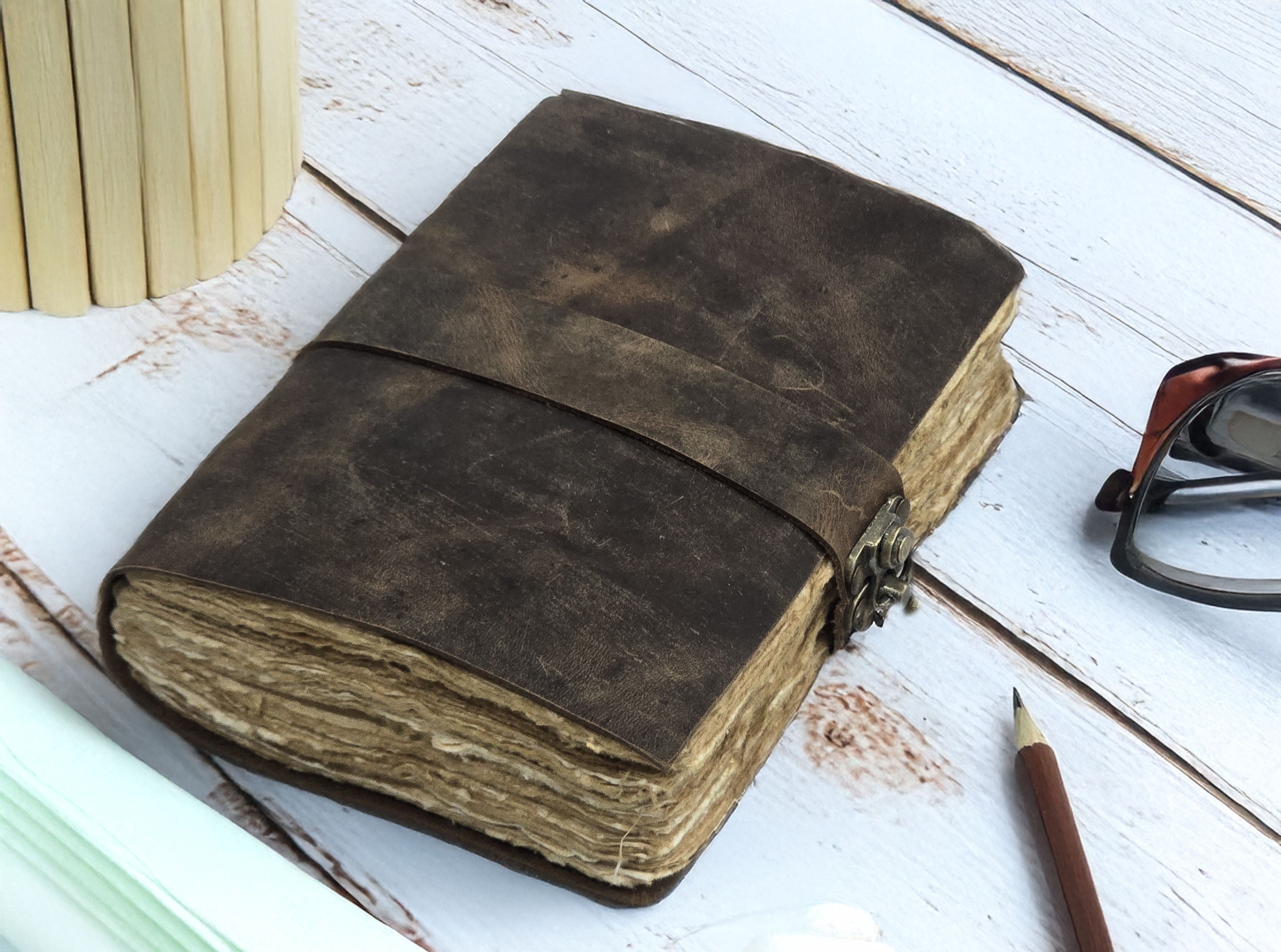 Leather Notebook, 200 Blank Deckle Edge Paper, Handmade Fancy Bound Journal For Women and Men