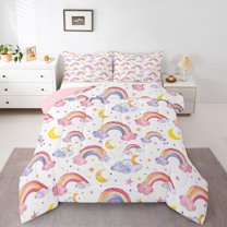 Manfei Graffiti Watercolor Rainbow Bedding Comforter Set,Cute Cartoon Stars Twin Comforter Sets,Pink Purple Yellow White Bedding Set For Princess,Ultra Soft Home Decor Reversible,2-Piece