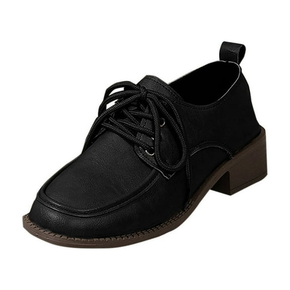 Black Ladies Everyday Shoes Featuring Square Toe Design And Front Lace-Up Closure Low Heel Ideal For Casual Outfits