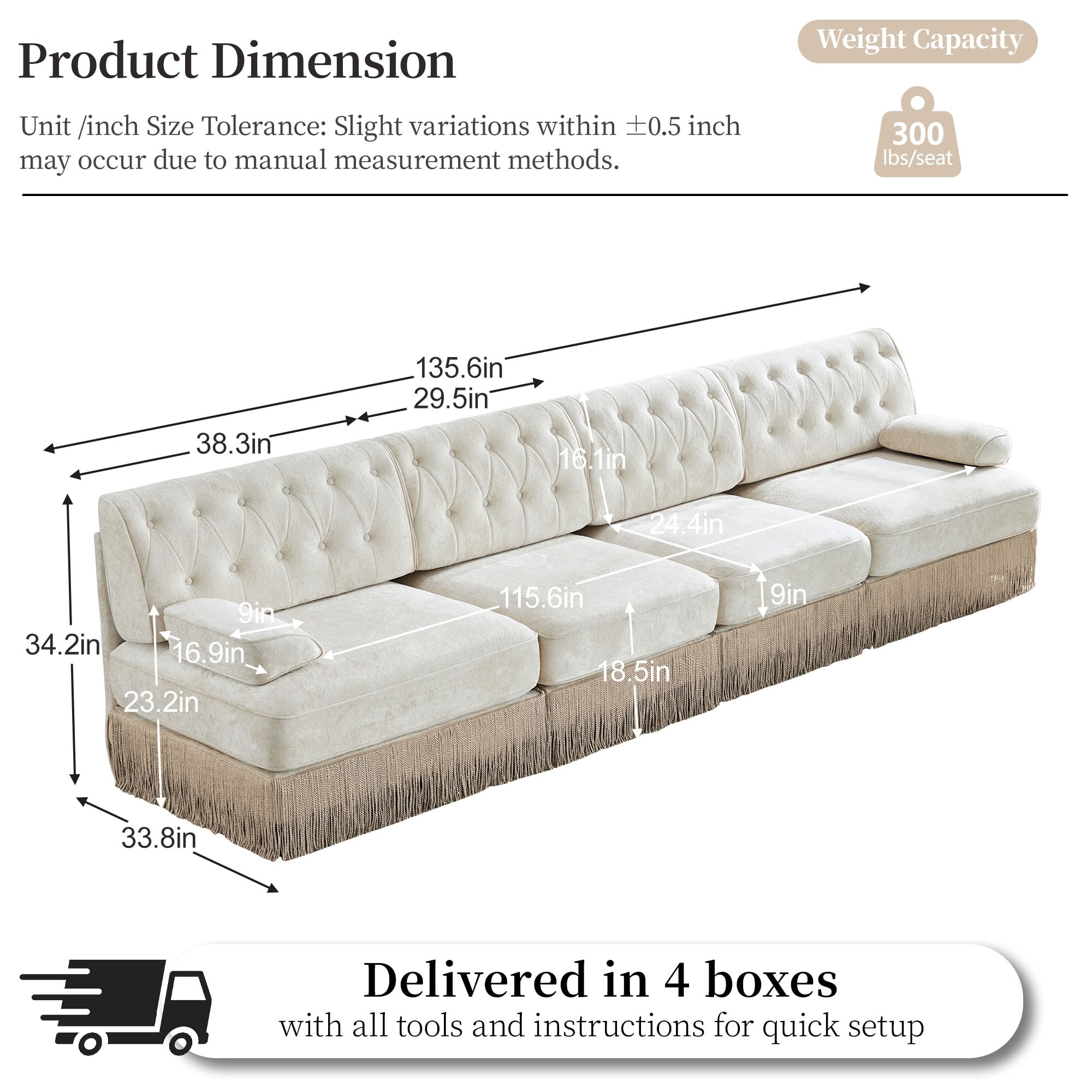 MAYEERTY 135 Inch Modular Chesterfield Sofa, 4-Seater Button Tufted Modular Couch, Solid Wood Base for Home Lounge Space