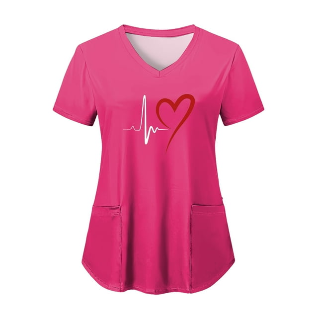 NIEWTR Solid Color V Neck Scrub Tops for Women Stretchy Pattern Print Uniform Tunics with Pockets(Hot Pink,L)