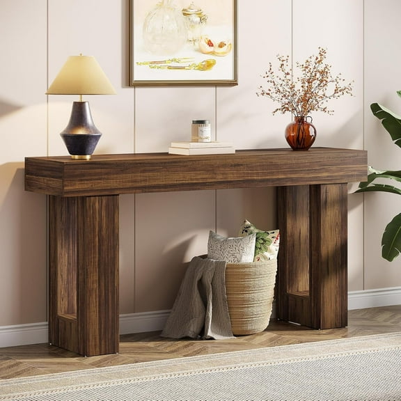 Tribesigns 63-Inch Long Console Table, Farmhouse Wooden Sofa Table Behind The Couch（Natural)