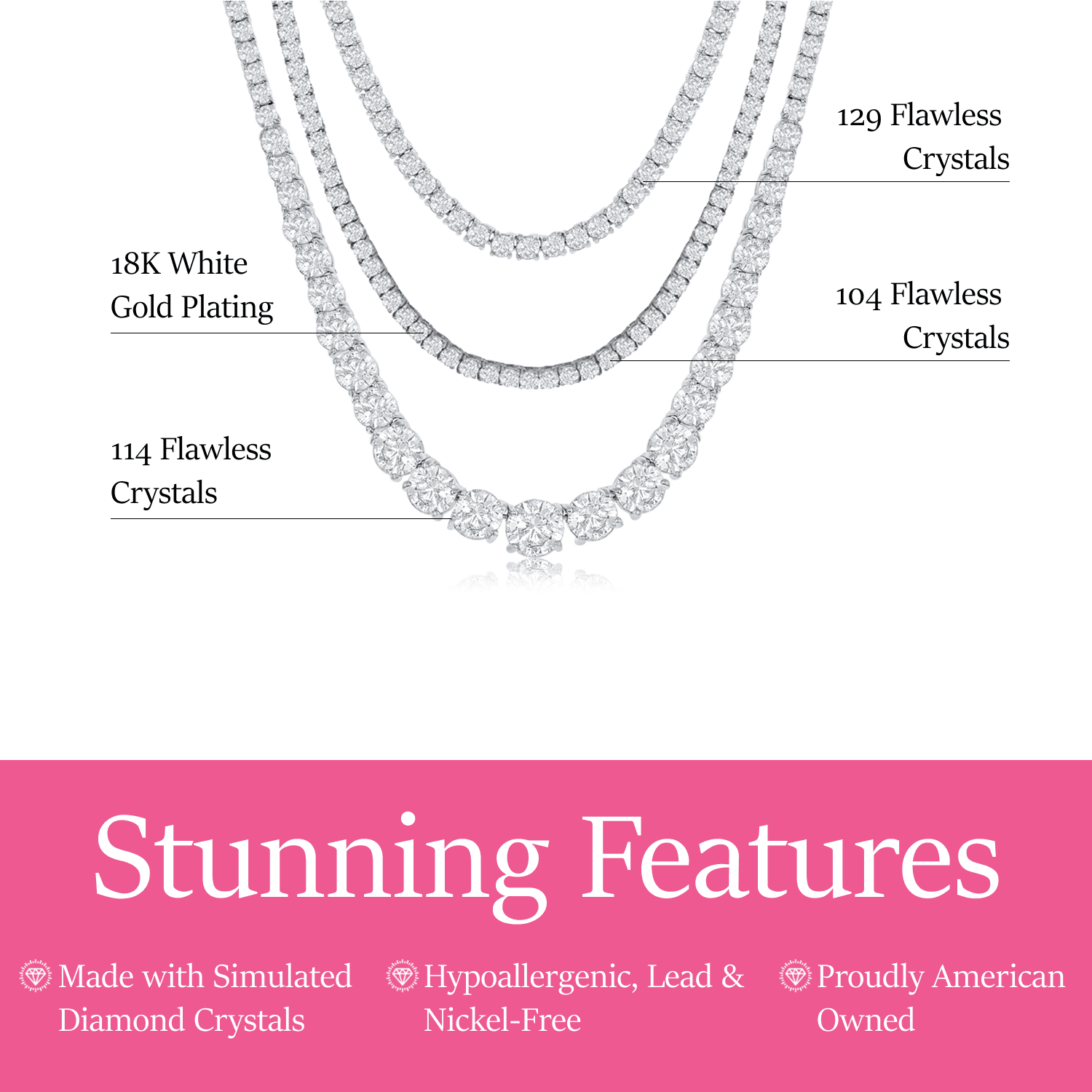 Cate & Chloe Pack of 3 - Whitney, Olivia, Kaylee 18k White Gold Tennis Necklace with Simulated Diamonds for Women
