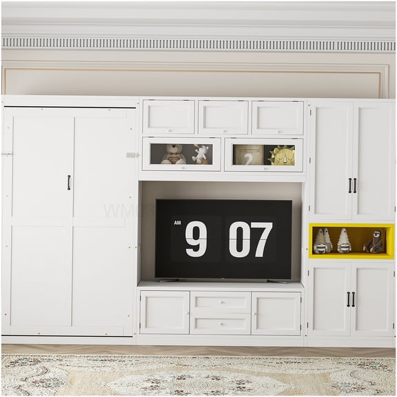 CHAMPFLAG Space Saving Twin Murphy Bed with TV Stand, Storage Drawers and Cabinets for Modern Small Space Living