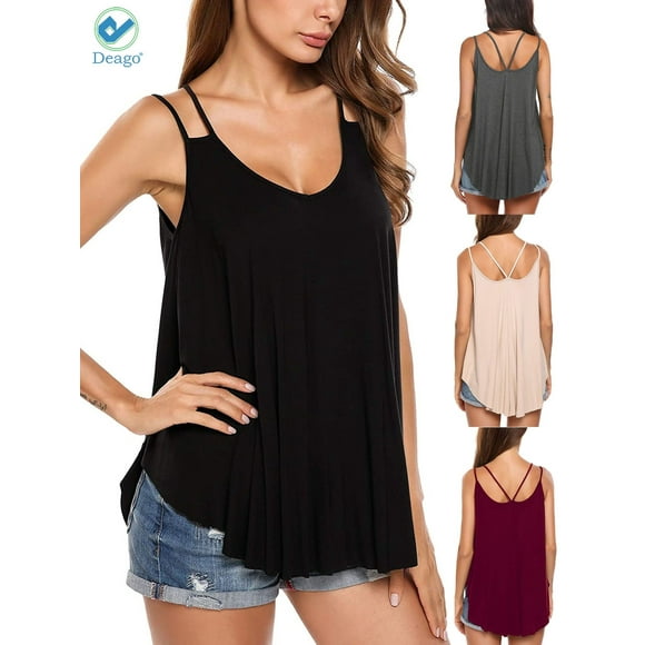 Deago Women's Flowy V Neck Sexy Summer Tank Tops Loose Casual Sleeveless Cami Shirt Plus Size (Black, M)