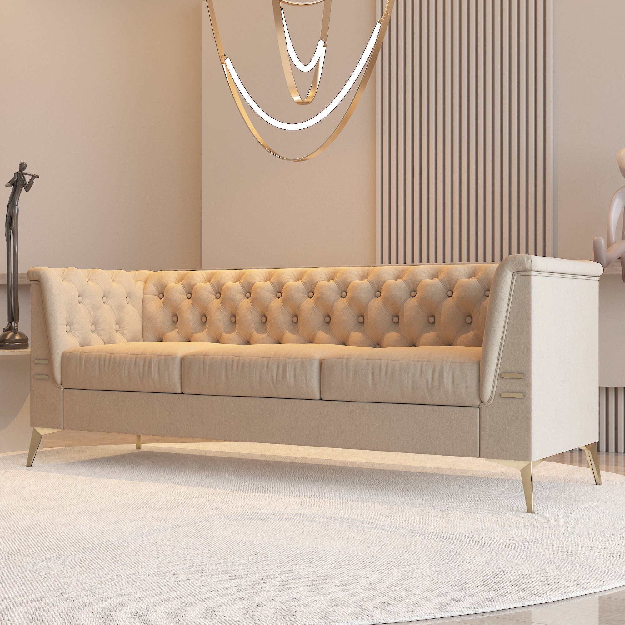 Resenkos 83" Mid-Century Modern Tufted Velvet Couch Extra-Deep Down-Filled Sofa in Khaki