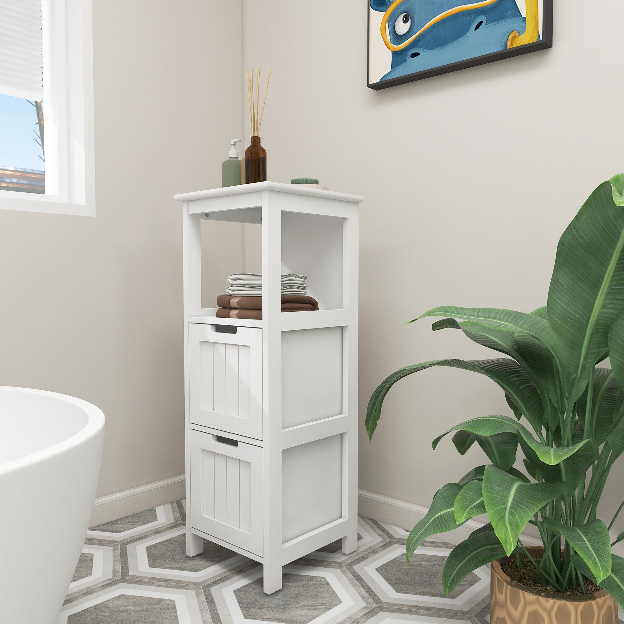 Bathroom Storage Freestanding Wood Storage Organizer Cabinet with 2 Drawers and 1 Storage Shelf, White