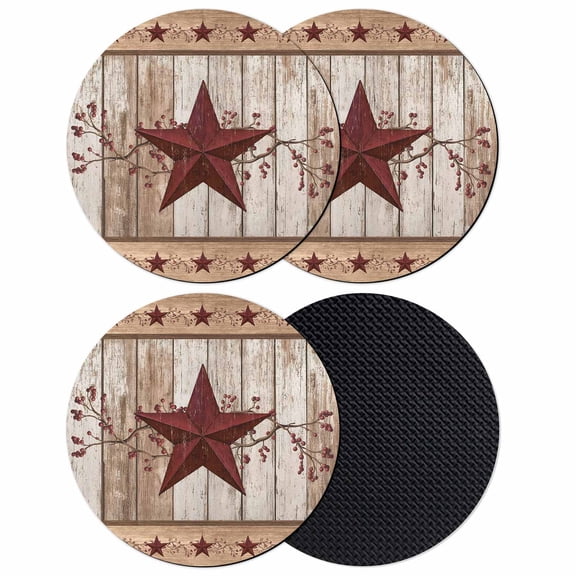 Red Texas Star Vintage Coasters Set of 4, Absorbent Coasters for Drinks, Farmhouse Berry Brown Wooden Coaster for Desk Coffee Table Protection, Home Decor House Warming Gifts 4"