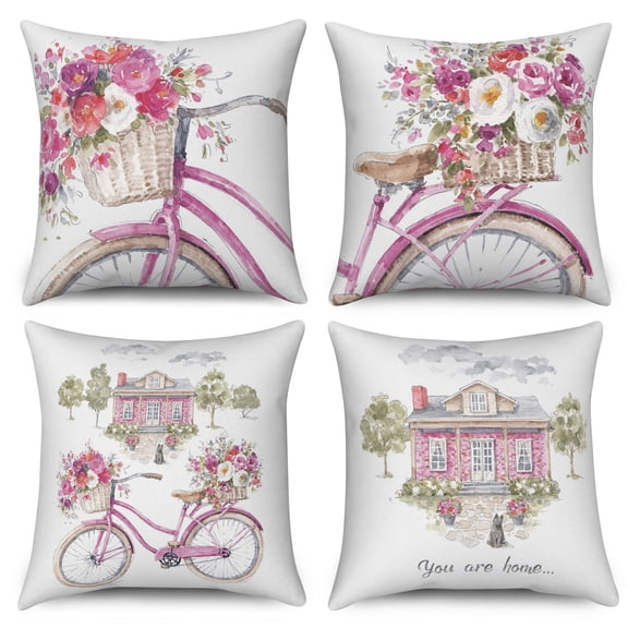 Pink Bicycle Bike Pillow Cover 16x16 Set of 4,Spring Flower Pillow Cases Couch Cushion for Bedroom Home Decor