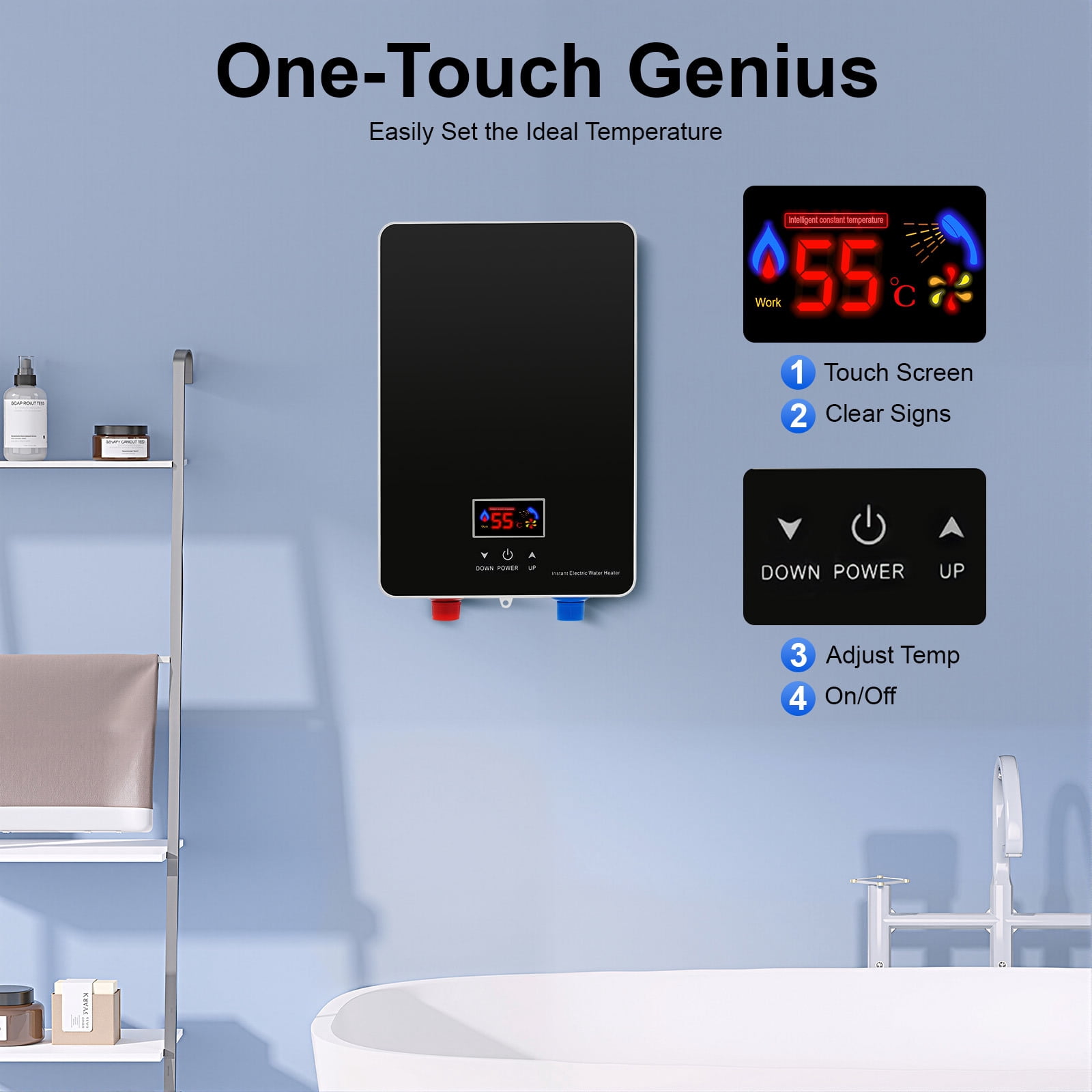 220V Tankless Water Heater Electric Water Heater for bathroom With Shower Head 6000W Black