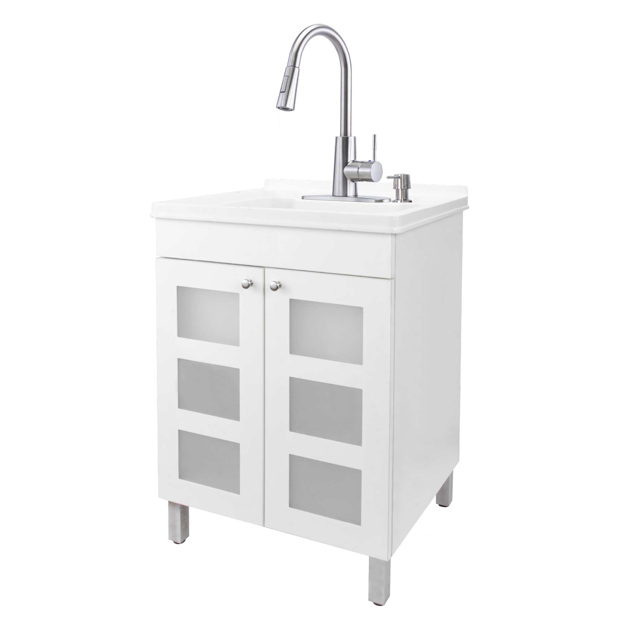 Laundry Sink with White Cabinet Stainless Finish Pull-Down Faucet