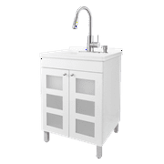 Laundry Sink with White Cabinet Stainless Finish Pull-Down Faucet