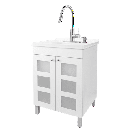 Laundry Sink with White Cabinet Stainless Finish Pull-Down Faucet