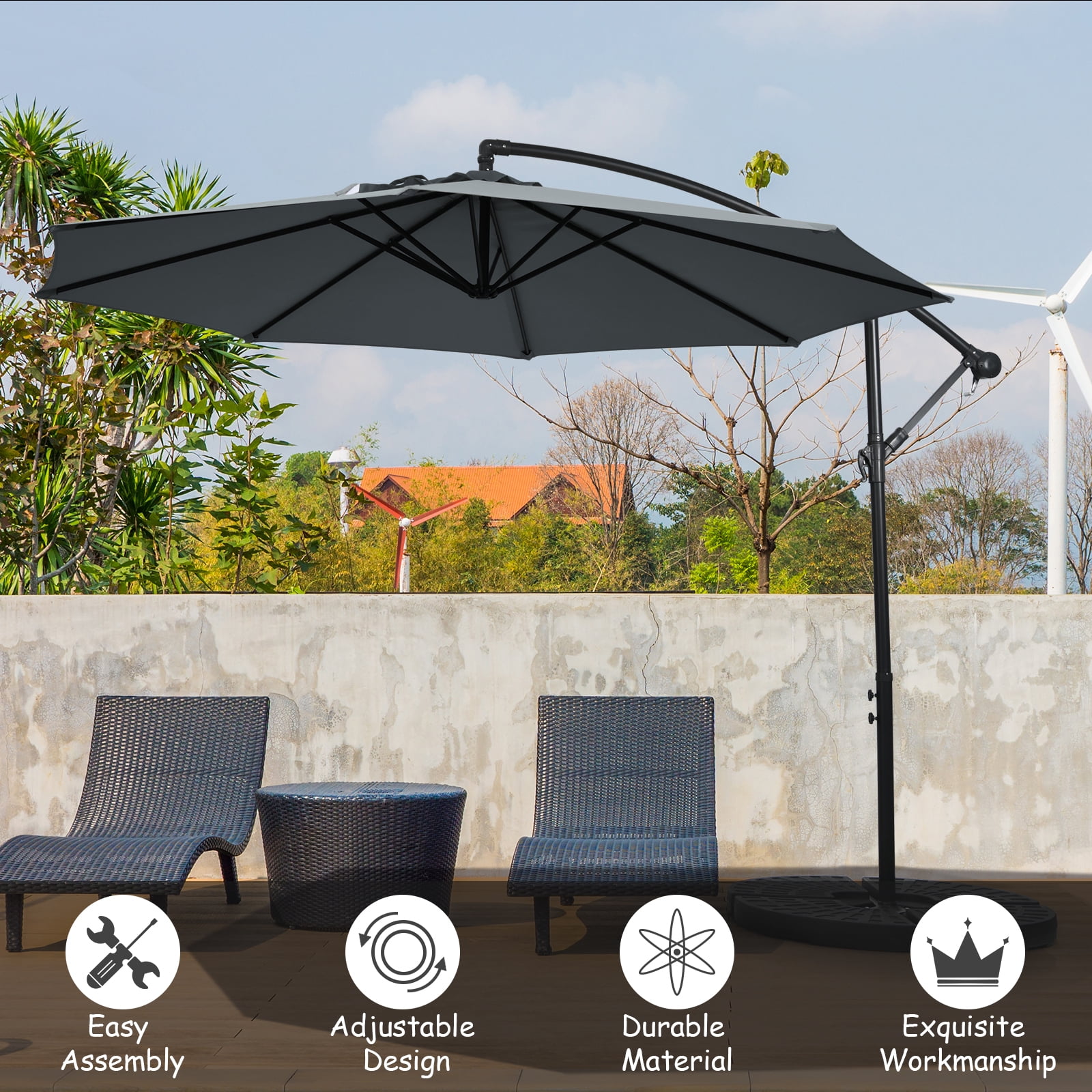 Patiojoy 10FT Patio Offset Umbrella 8 Ribs Cantilever Umbrella w/Crank for Poolside Yard Lawn Garden Gray