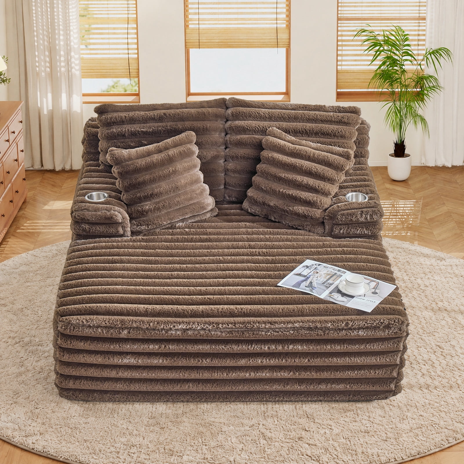 Lunale Oversized Chaise Lounge Chair Indoor Furniture, Boneless Cloud Couch with Cup Holders, Faux Fur Accent Chair for Living Room, Brown
