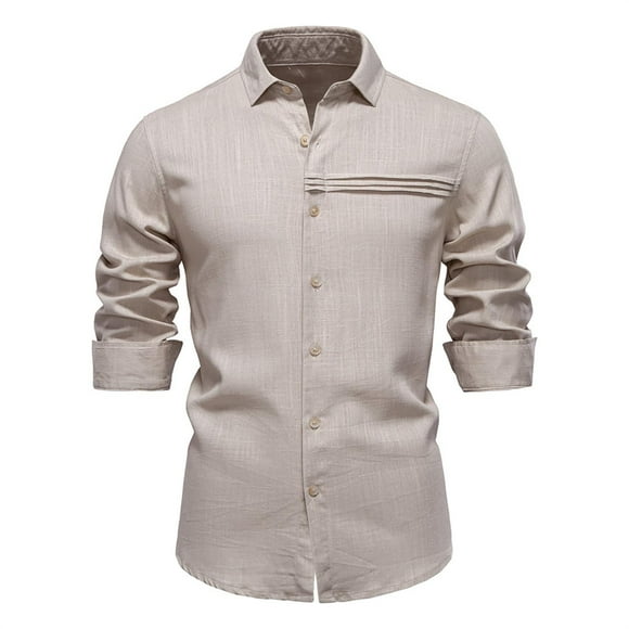 hotojiny Chemises en Lin pour Hommes Chemise de Travail Décontractée à Manches Longues Col Plissé Couleur Unie Vêtements d'Automne