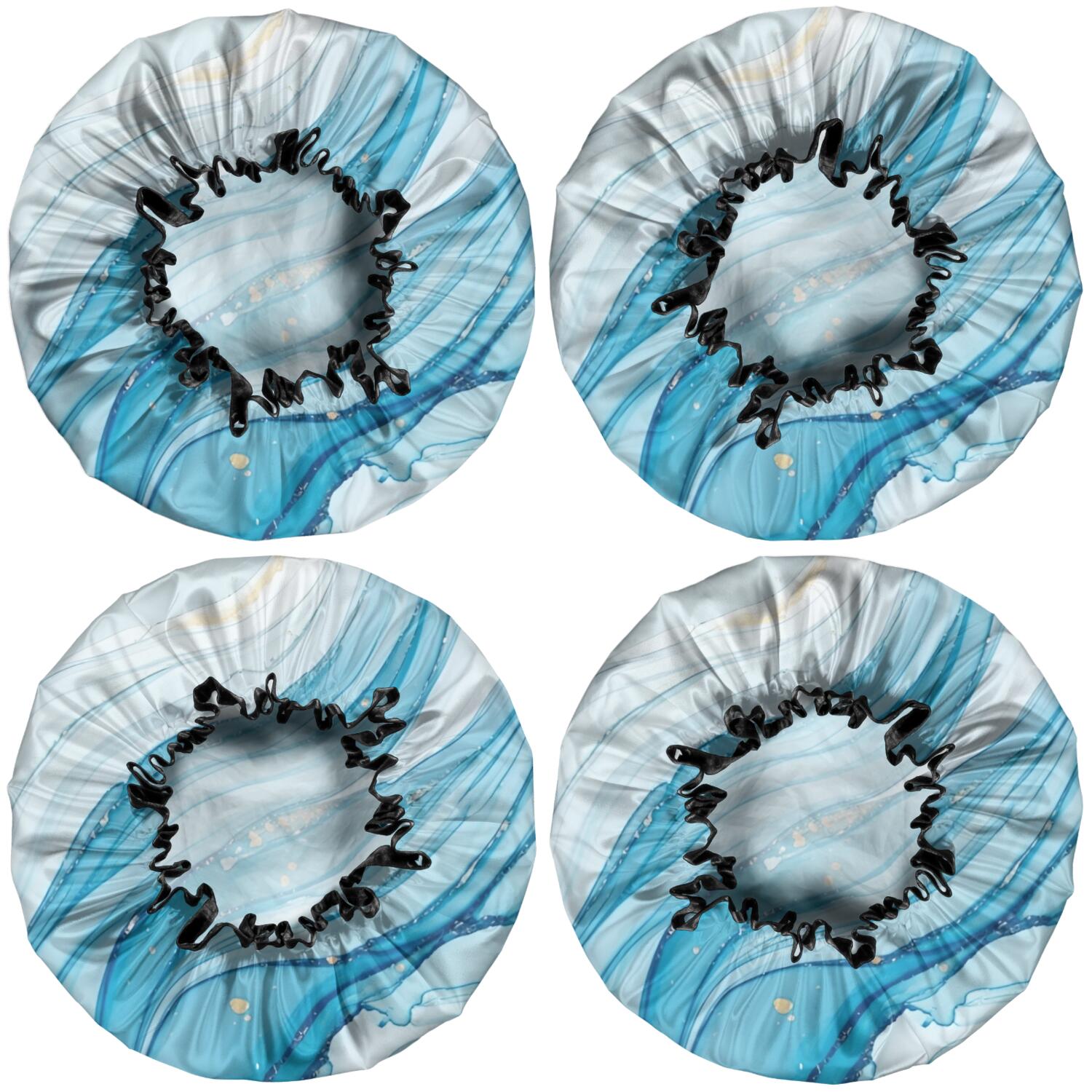Shower Caps,Blue White Gold Marble Pattern Waterproof Shower Cap for Women 4 Pieces,Double Reusable Hair Cover for Shower PEVA Elastic Stretch Hem