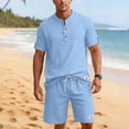 thumbnail image 2 of Summer Matching Set for Men Henley Neck Short Sleeve Shirts Shorts 2 Piece Casual Set Solid Color Relaxed Tracksuits XL, 2 of 9