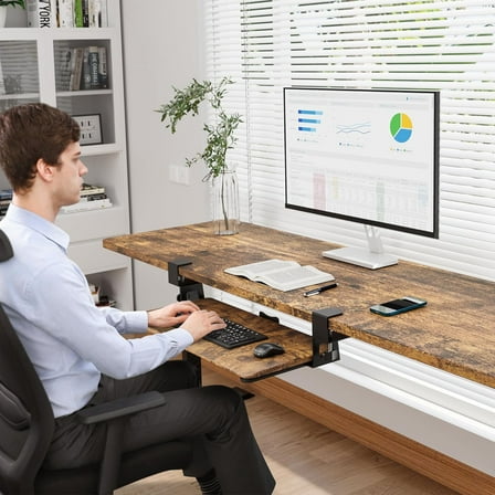 Under Desk Keyboard Tray, Pull-Out Keyboard & Mouse Platform with C-Clamp, 25.6 x 11.8 in Space-Saving Ergonomic Slide-Out Drawer, Rustic Brown