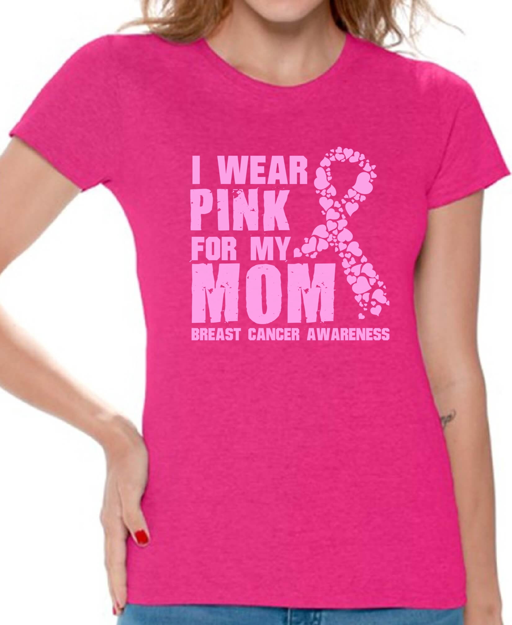 Think Pink Ribbon W//Heart Women/'s V-Neck T-shirt Breast Cancer Awareness Tee