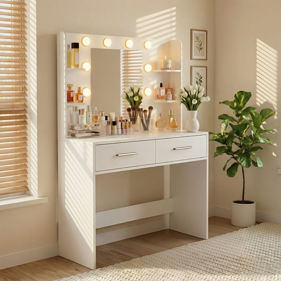 Homall Makeup Vanity Set with Mirror & 3 Modes Lights, Vanity Desk with Storage Drawers & Shelves, Vanity Table with Power Outlet for Bedroom Dressing Room, White