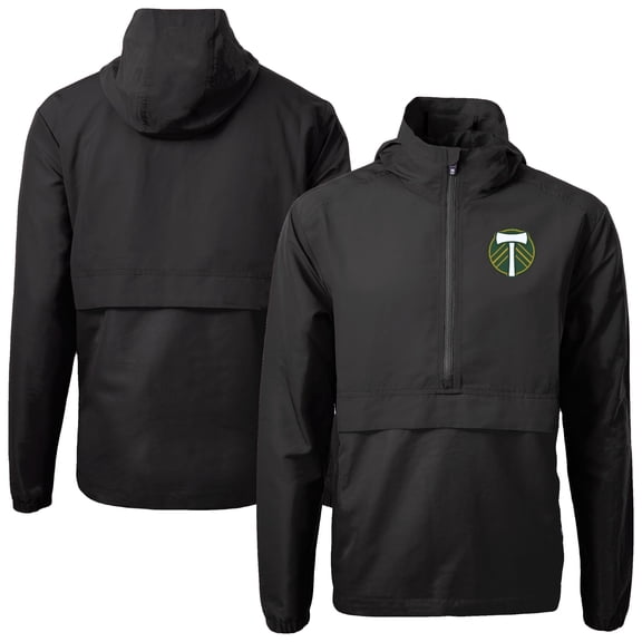 Men's-Cutter & Buck  Black Portland Timbers Charter Eco Recycled Anorak Hooded Half-Zip Jacket